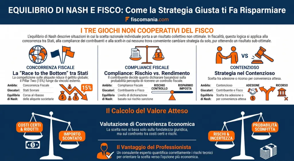 Teoria-dei-giochi-fiscalità-equilibrio-Nash-Stati-contribuenti-contenzioso-infografica