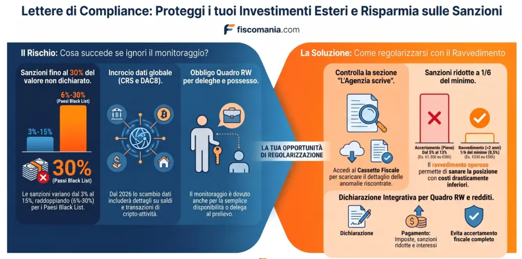 Lettere-di-compliance-redditi-patrimoni-esteri-non-dichiarati-cosa-fare-integrativa-sanzioni-infografica
