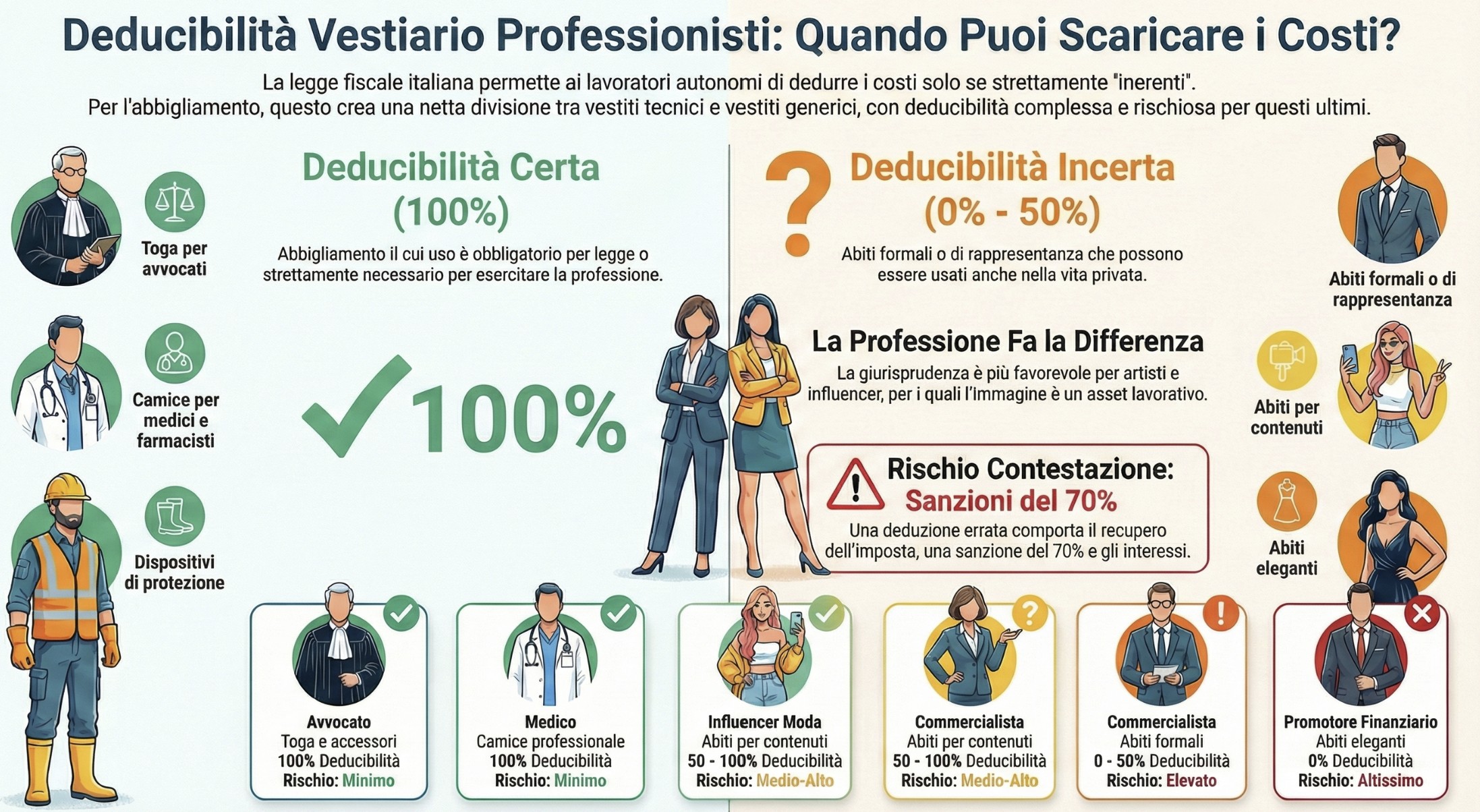 Infografica Deducibilità Vestiario Professionisti 2025: Tabella percentuali Avvocati, Medici e Influencer