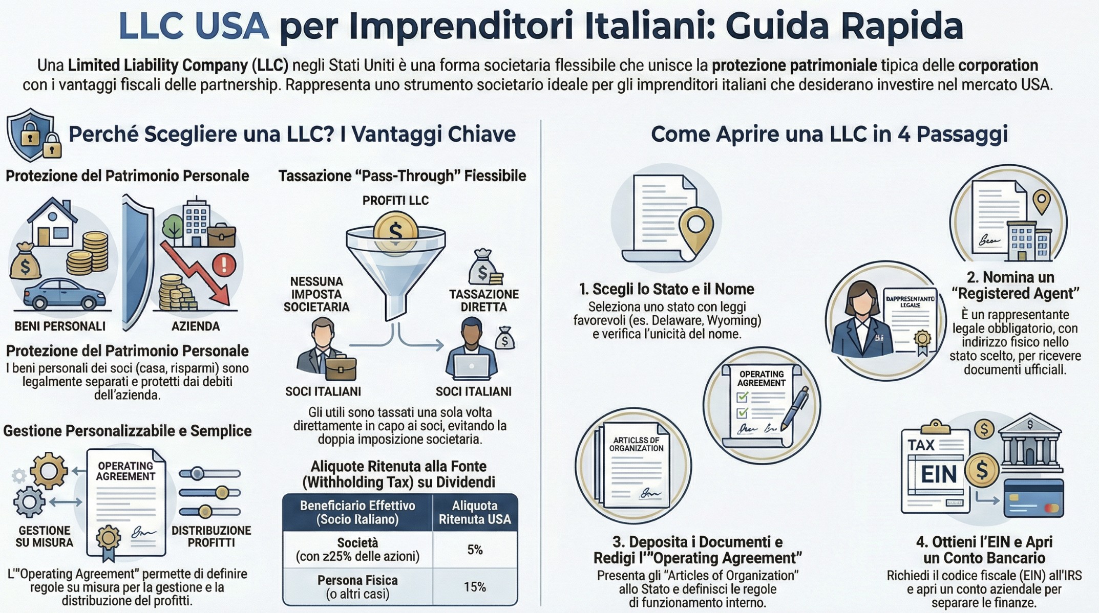 Infografica confronto LLC Delaware vs Wyoming: Costi, Tasse e Anonimato per investitori italiani