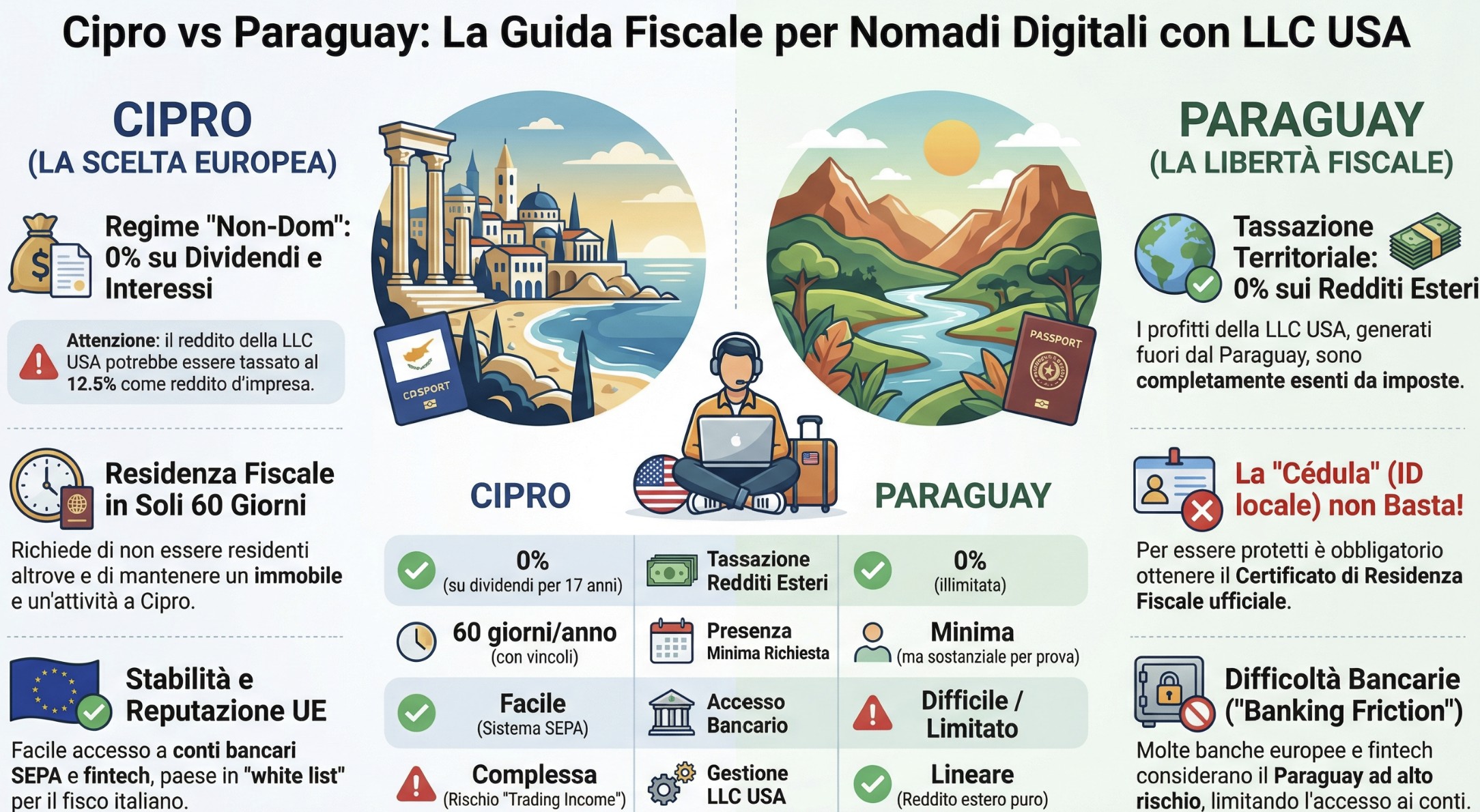 Infografica confronto tasse Cipro vs Paraguay per Nomadi Digitali e LLC