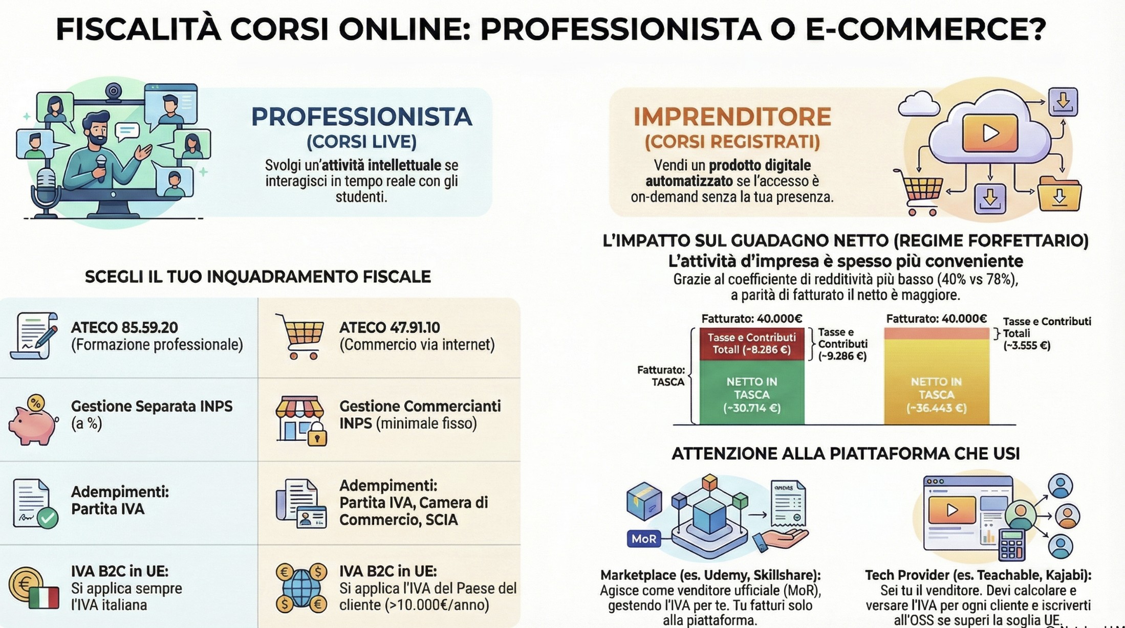 Infografica Fiscalità Formazione Online: differenze tra corsi live e registrati, codici ATECO e gestione IVA