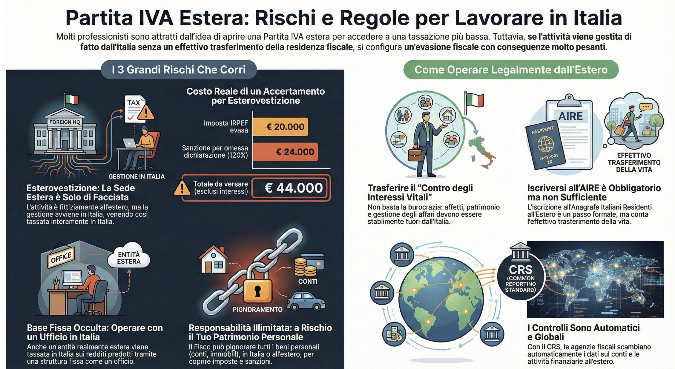 Infografica sui rischi della Partita IVA estera in Italia: esterovestizione e sanzioni