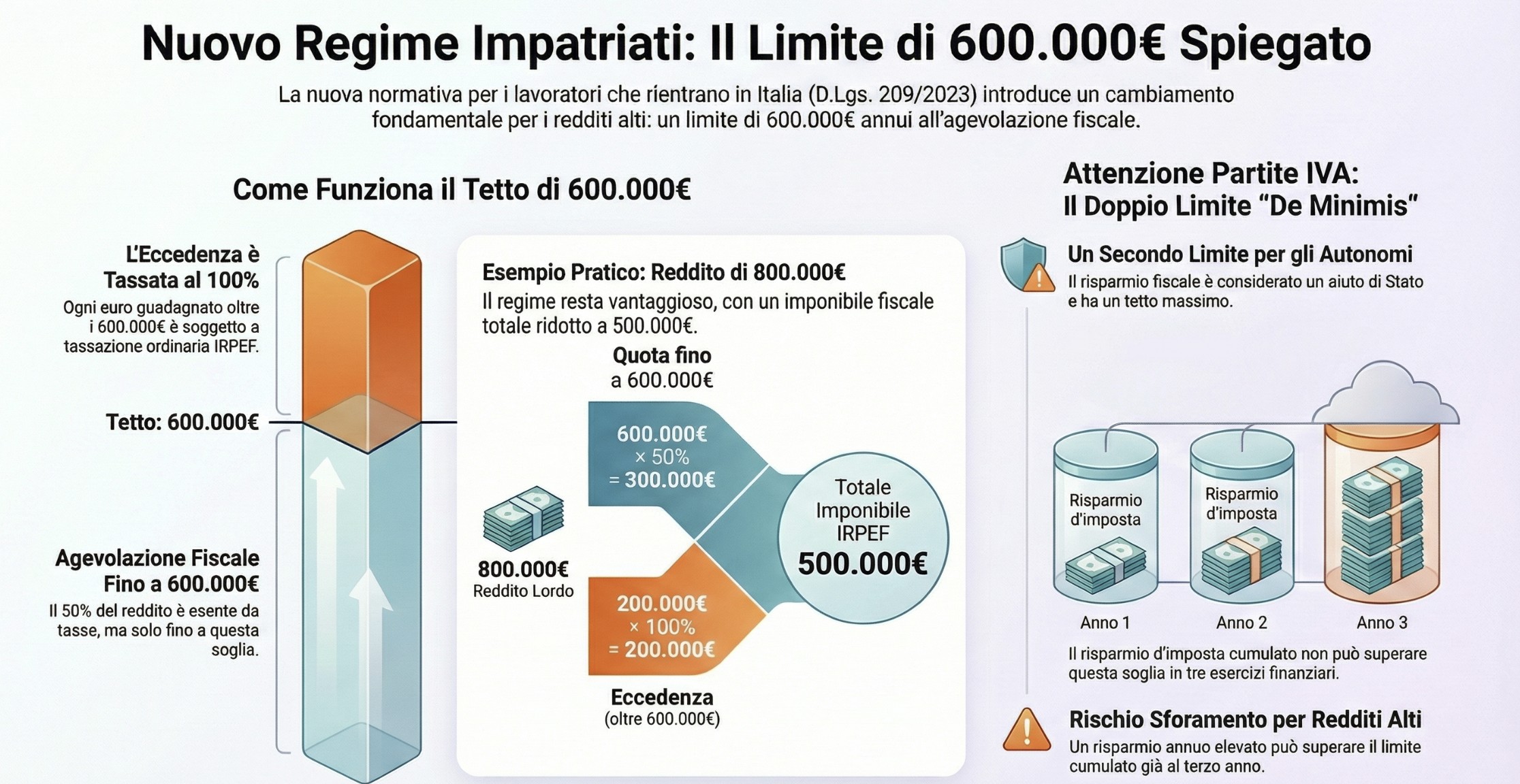 Infografica confronto limite 600.000 euro regime impatriati dipendenti vs autonomi