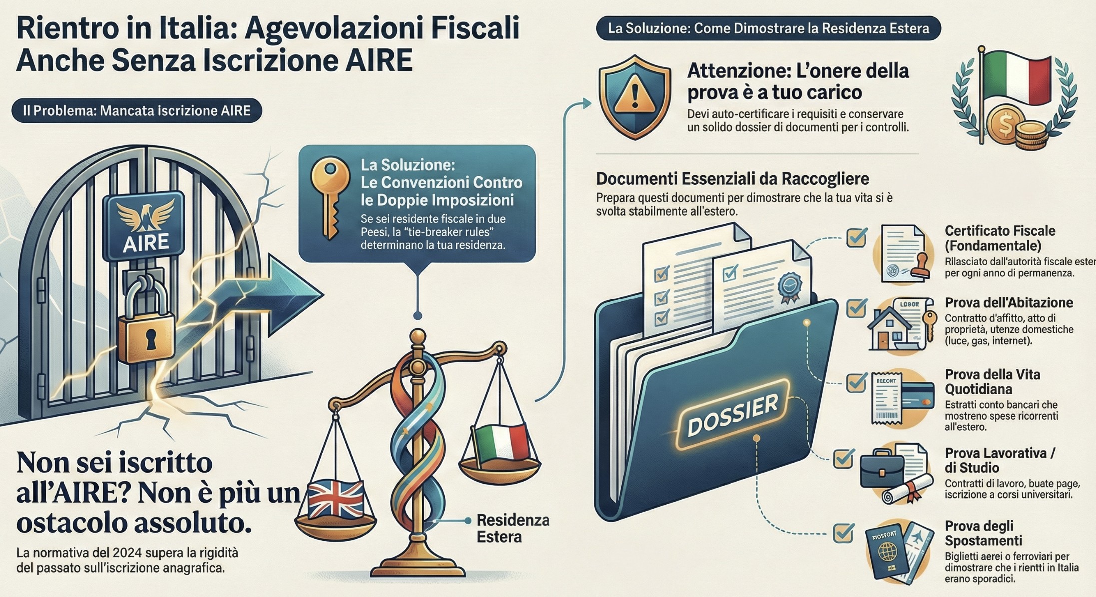 Infografica documenti Regime Impatriati senza AIRE e Tie Breaker Rules
