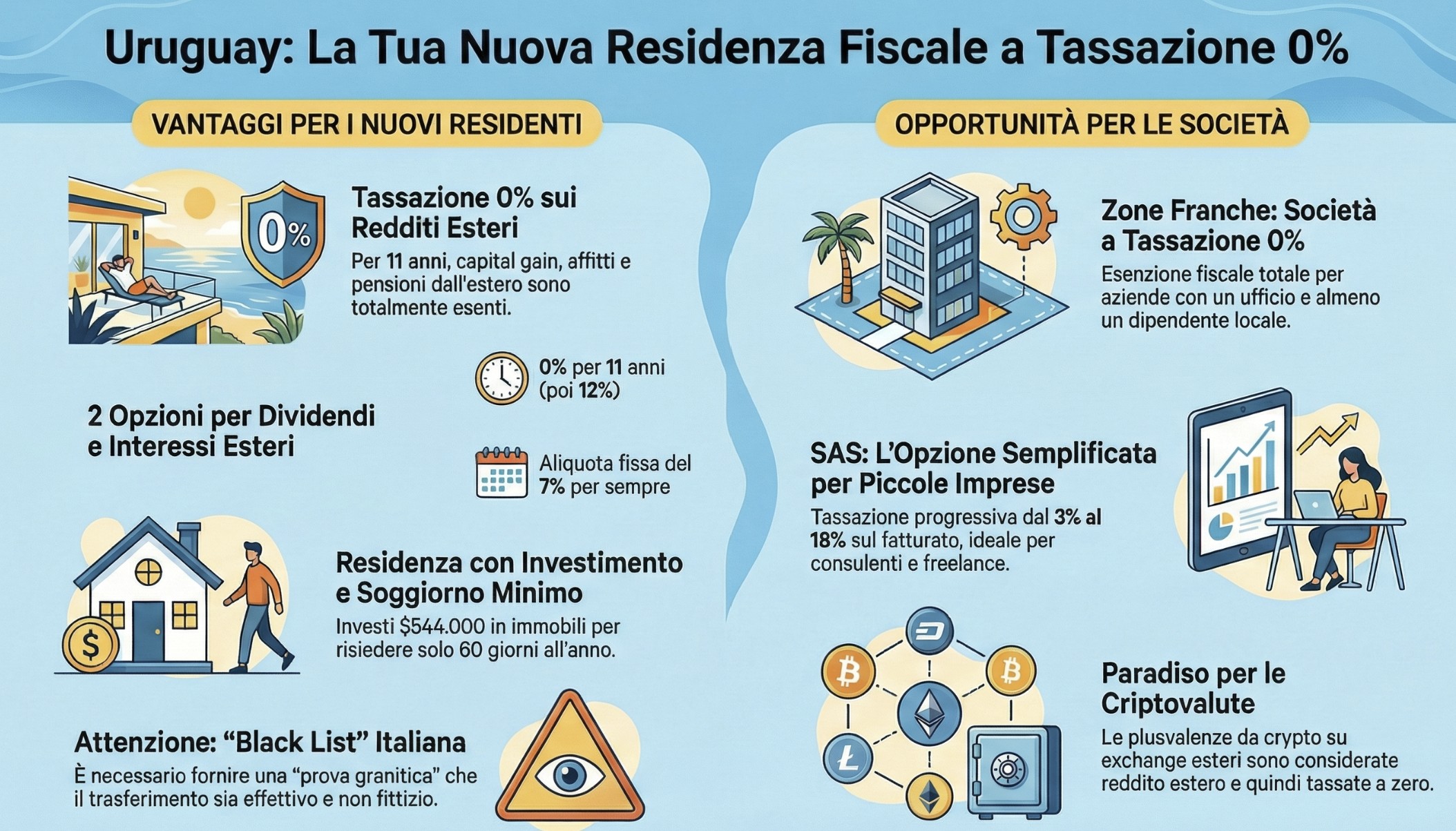 Infografica Uruguay Tax Residency: Confronto tra Opzione 0% per 11 anni e Tassa Fissa al 7%