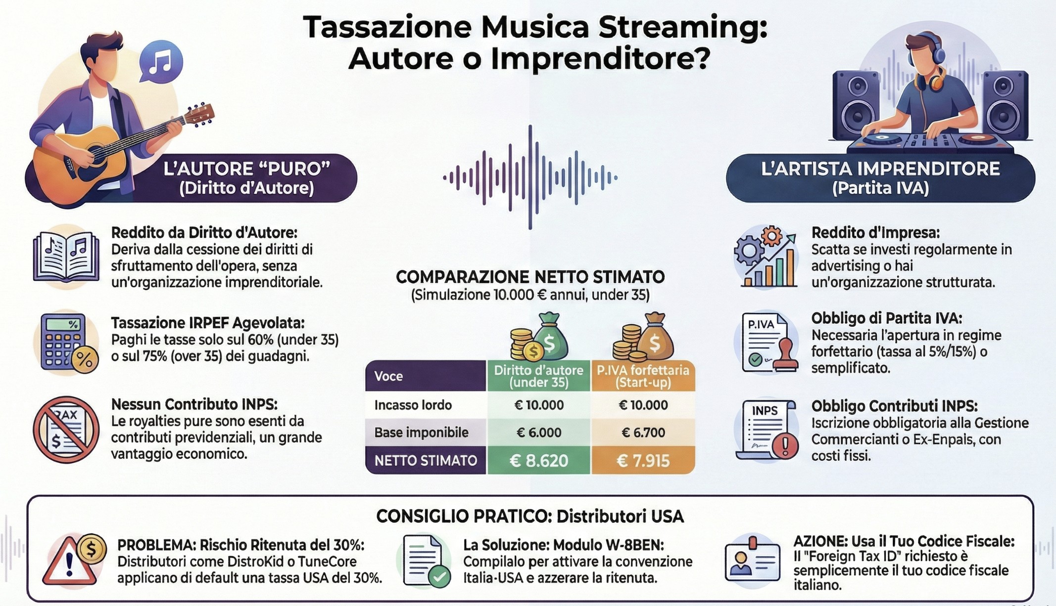 Infografica tassazione streaming musicale royalties vs partita iva