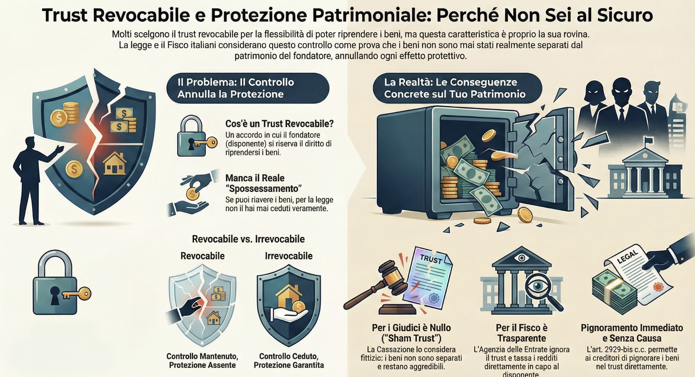 Infografica sulle differenze tra Trust Revocabile e Irrevocabile e rischi di pignoramento