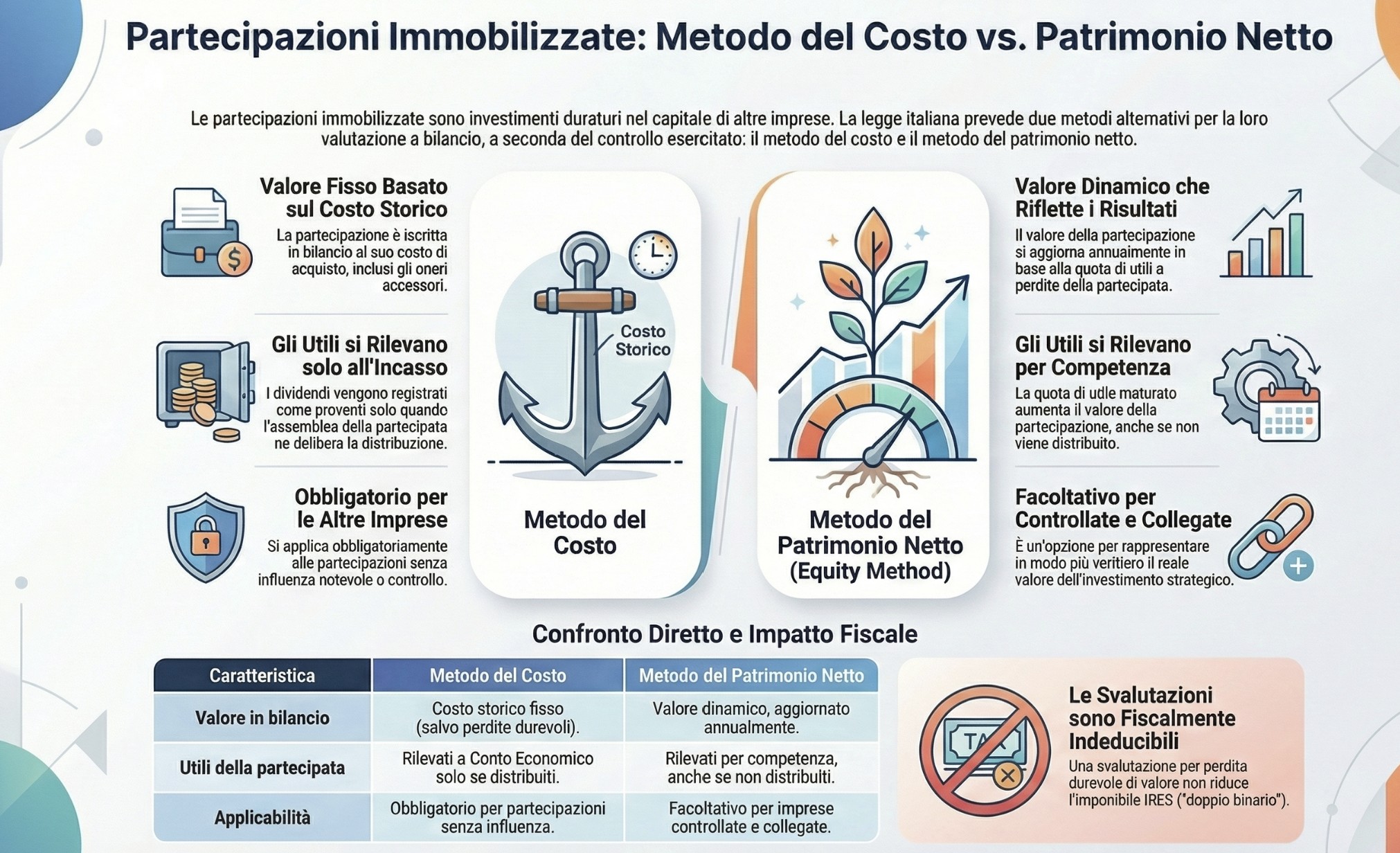 Infografica Metodi Valutazione Partecipazioni Immobilizzate OIC e Fisco