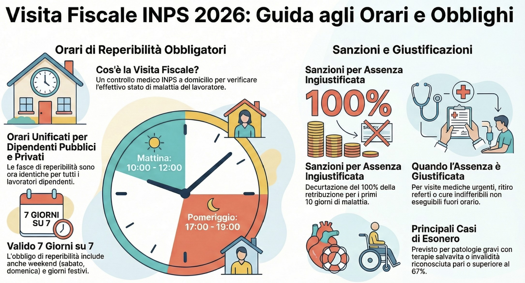 Infografica Orari Visita Fiscale INPS 2026 Pubblici e Privati