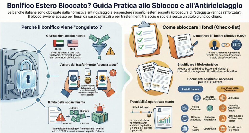 Bonifico-estero-bloccato-banca-controlli-antiriciclaggio-SOS-sblocco-fondi-infografica