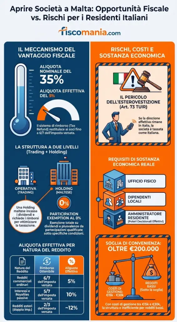 Aprire-società-Malta-vantaggi-fiscali-struttura-rischi-residente-italiano-infografica