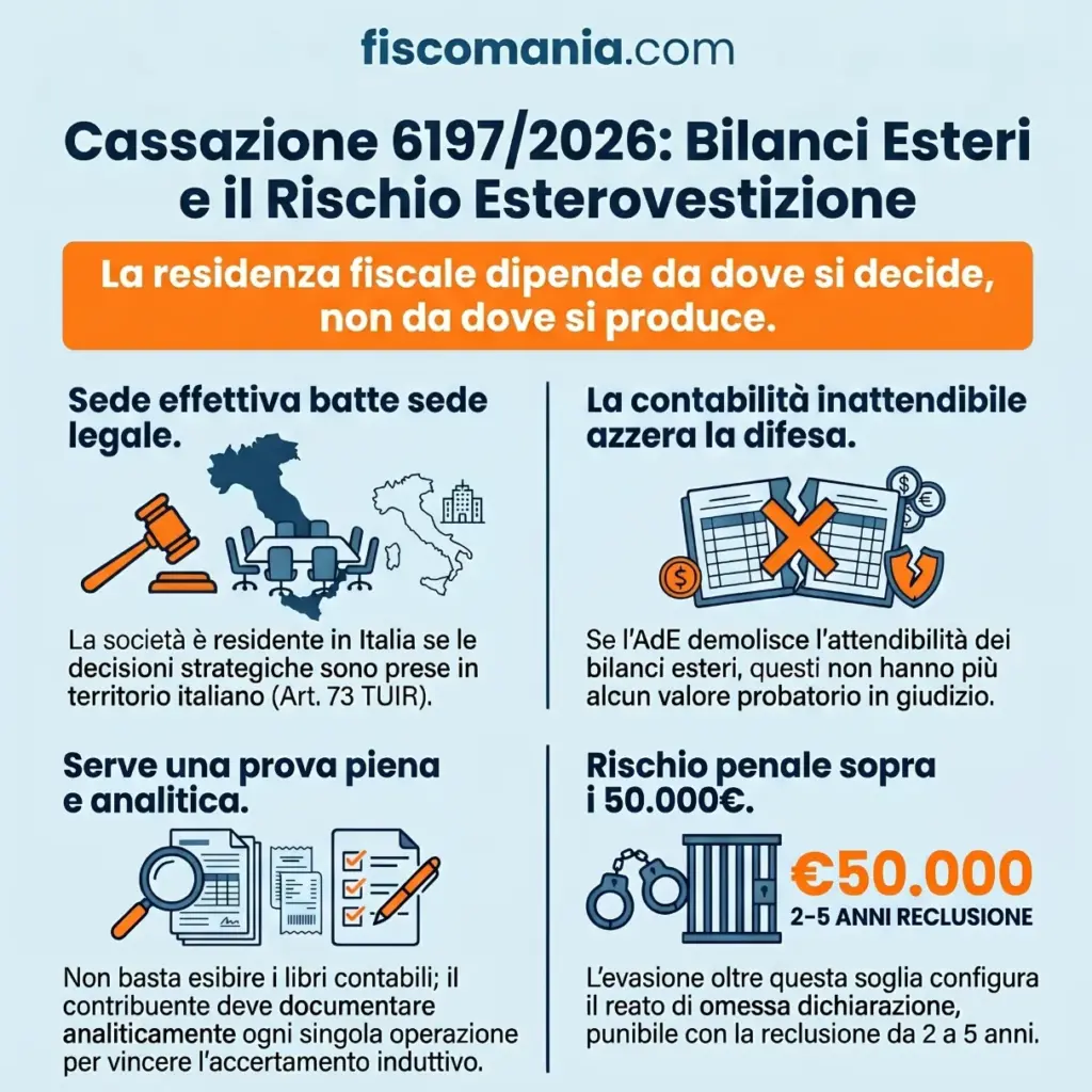 Cassazione-6197-2026-contabilità-estera-inattendibile-bilanci-non-salvano-accertamento-infografica