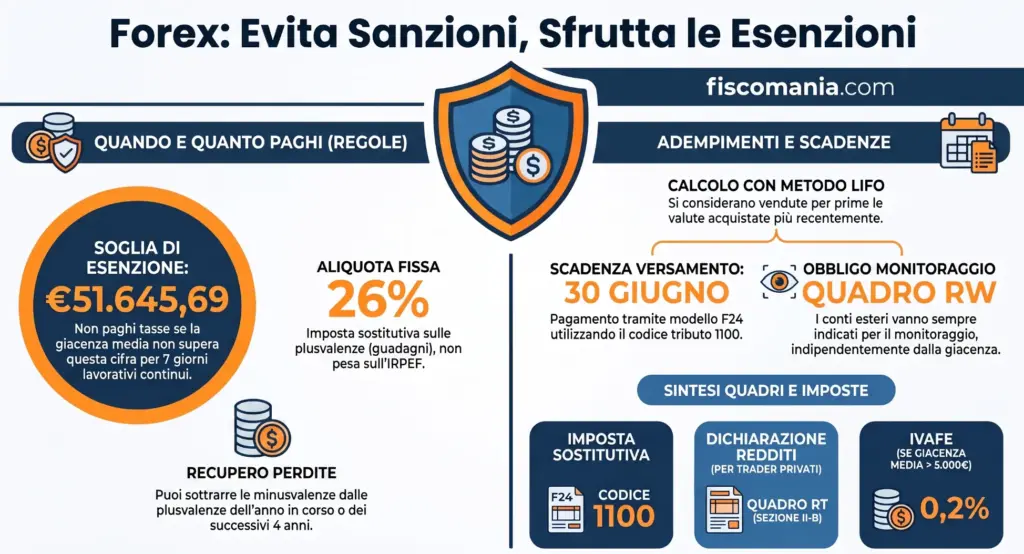 Come-si-tassano-guadagni-forex-Italia-imposta-sostitutiva-26%-minusvalenze-accertamenti-sanzioni-infografica